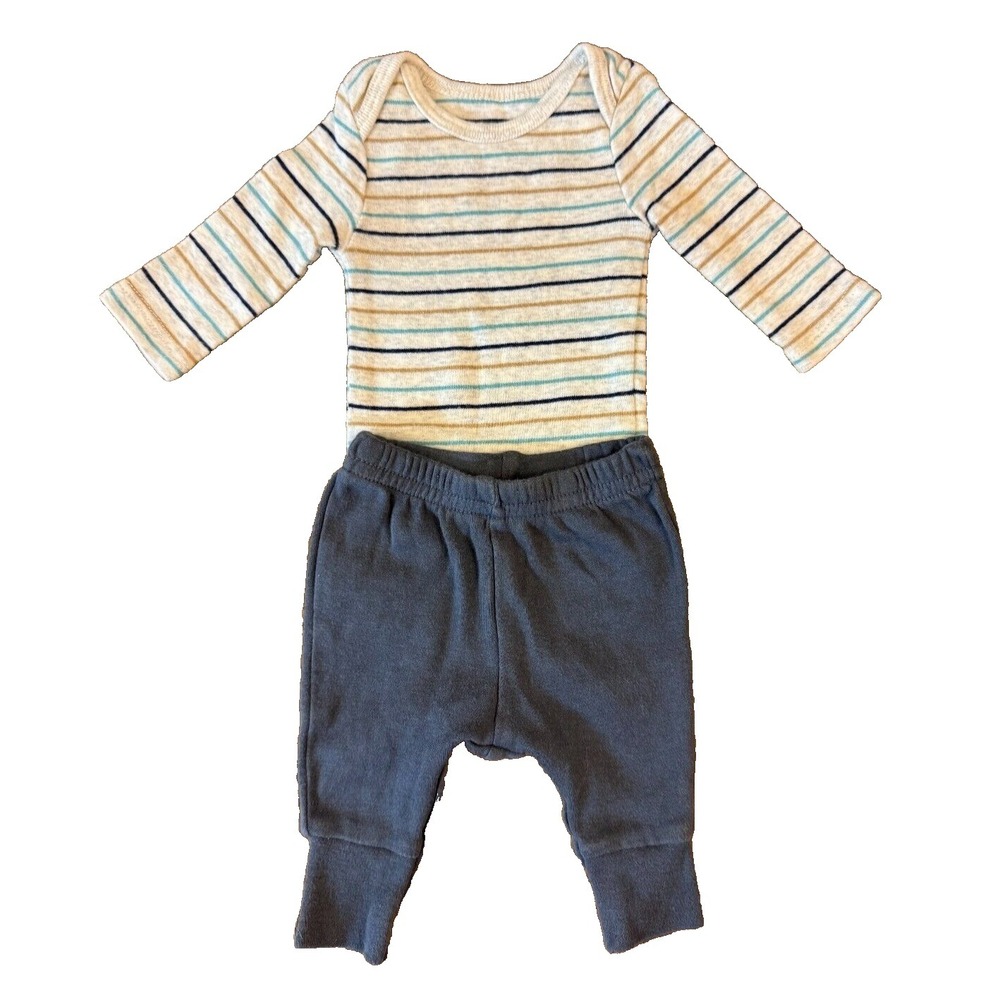 Carters Preemie Baby Boy 2 PC Outfit Long Sleeved Striped Bodysuit Gray Pants